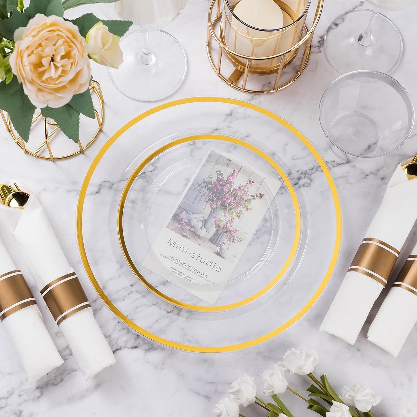 Goodluck 350 Piece Gold Plastic Dinnerware Set for Party, Clear Disposable Plates for 50 Guests, Include: 50 Dinner Plastic Plates, 50 Dessert Plates, 50 Pre Rolled Napkins with Cutlery Set, 50 Cups