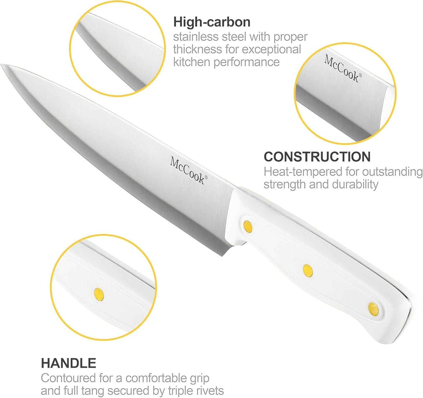 McCook® Knife Sets, White High Carbon Stainless Steel Kitchen Knife Sets with with Built-in Sharpener