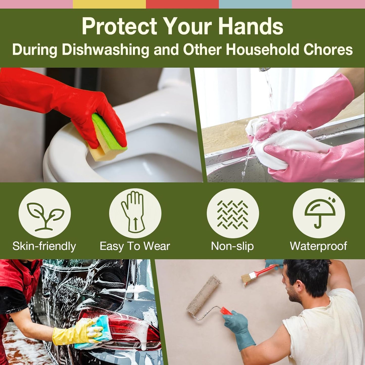 Kitchen Gloves for Washing Dishes - 5 Pairs Rubber Cleaning Gloves for Household Washing Dishes Cleaning Gardening, Non-Slip Dishwashing Gloves Reusable for Women Men Large