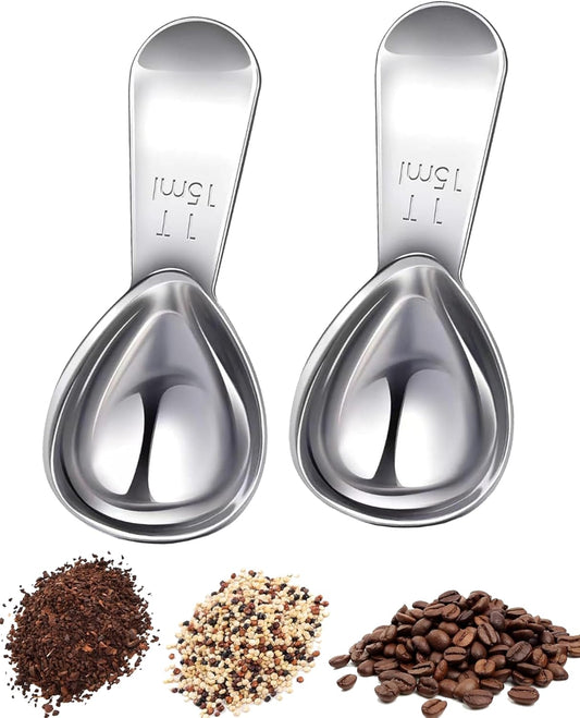 Coffee Scoop 15ml 2PCS, 1 Tablespoon Measuring Spoons, Ergonomics Design Coffee Scooper Stainless Steel Manufacture，Coffee Scoop for Ground Coffee Protein Powder Sugar Cereal (Silver, 1 tbsp-15ml)