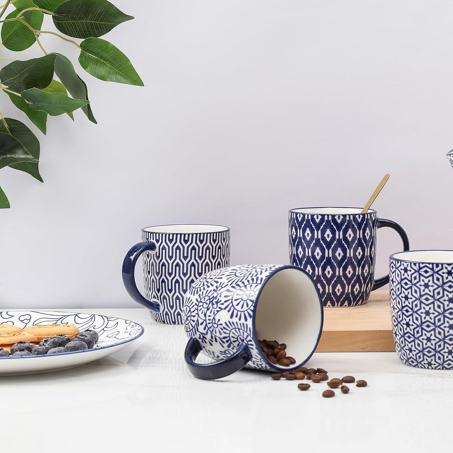 Selamica 10 OZ Coffee Mugs Set of 4, Small Coffee Cups Ceramic with Handle, Coffee Mug for Cappuccino Latte Cocoa Milk Tea, Dishwasher Microwave Safe,Vintage Blue