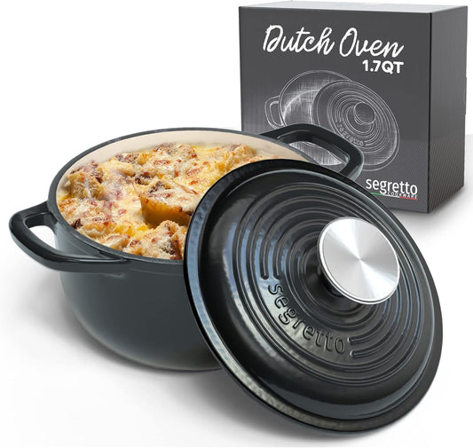 Segretto Cookware Enameled Dutch Oven Pot with Lid Cast Iron Nero (Black) 1.7 Quarts Enamel Small Cast Iron Dutch Oven for Bread Baking, Cooking