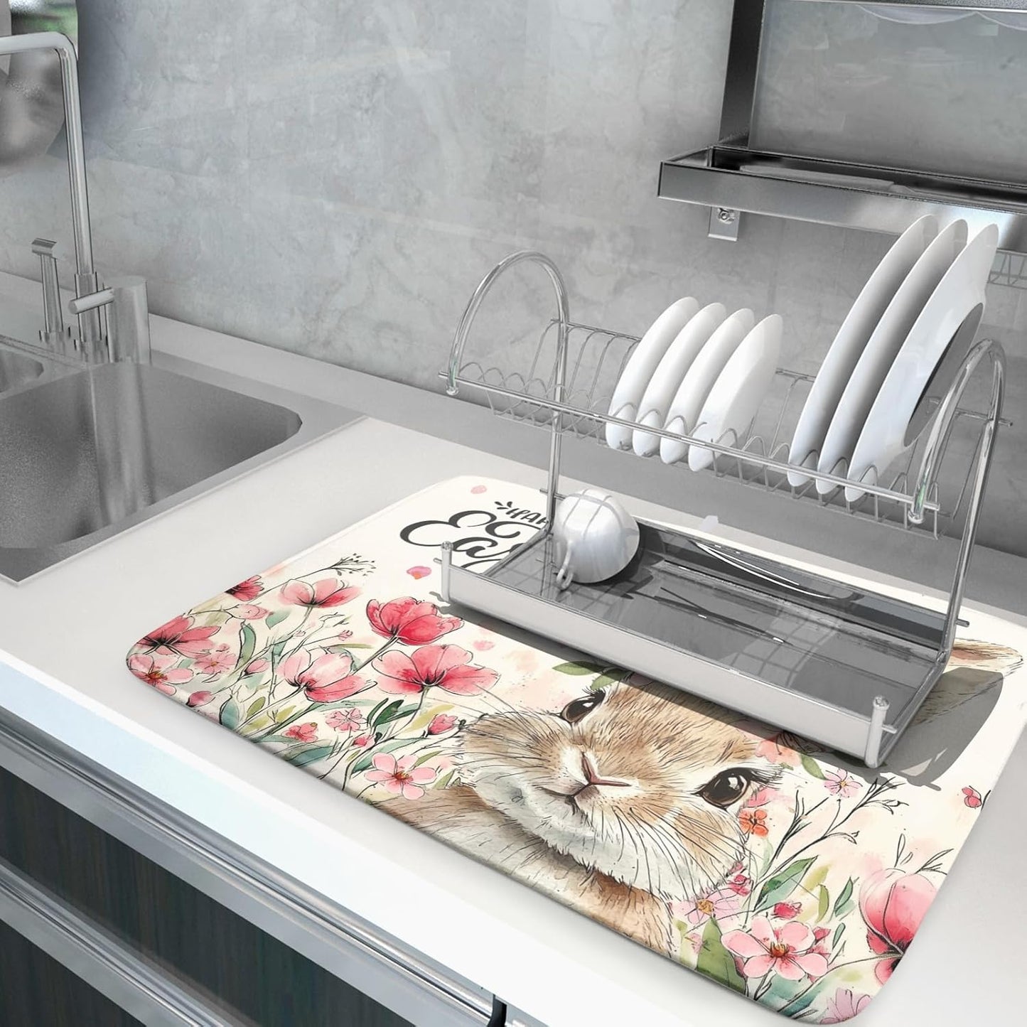 Happy Easter Dish Drying Mat 18x24 Inch,Cute Bunny Pink Flowers Festival Holiday Absorbent Microfiber Dishes Drainer Rack Pad for Kitchen Counter Sink Coffee Maker Bar Table Decor