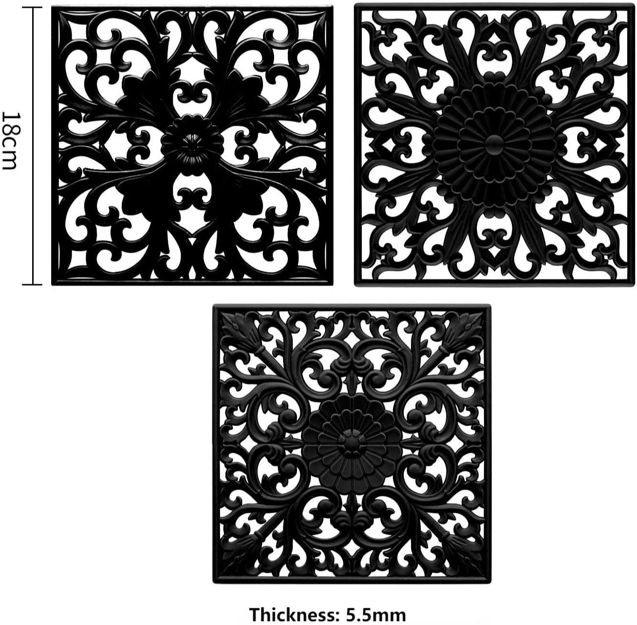 Silicone Trivets for Hot Dishes-Pots&Pans, Multi-Use Carved Trivet Mat, Insulated Silicone Mats, Flexible Square Trivet for Countertop&Tabletop, Silicon Pot Holders Hot Pads Set 3 Black