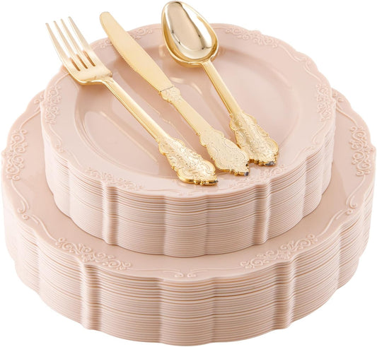 DaYammi 150Pcs Pink Plastic Plates & Gold Plastic Silverware,Pink Disposable Plates for Party Include 30 Dinner Plate,30 Dessert Plate,30 Gold Forks and 30 Spoons, 30 Knives for Wedding Bridal Shower