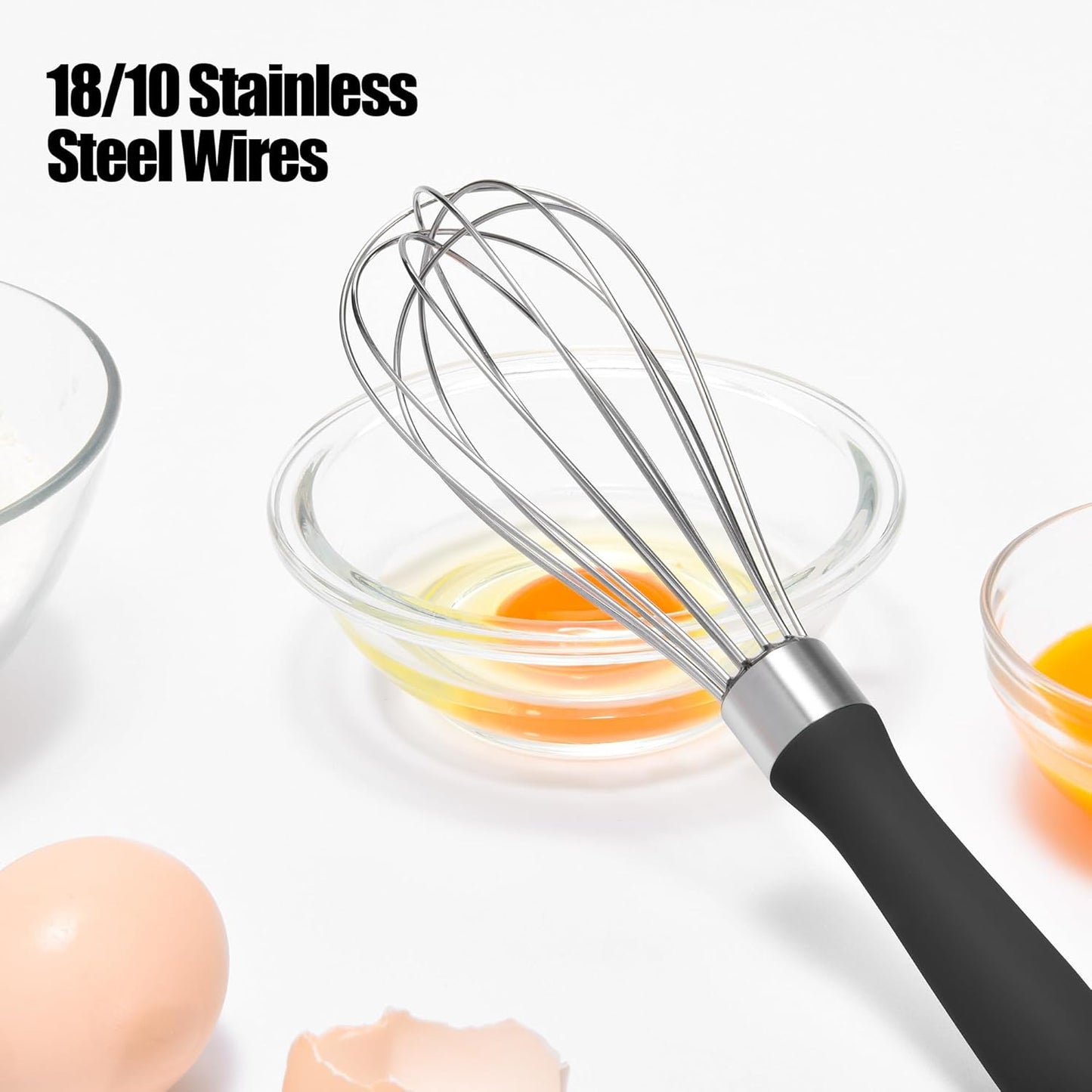 18/8 Stainless Steel Balloon Whisk, Doosu Kitchen Whisk for Cooking Handheld Egg Beater with Rust-Proof Sturdy Wires & Non-Slip Silicone Handle for Beating, Stirring, Blending (6 Wires, Black)