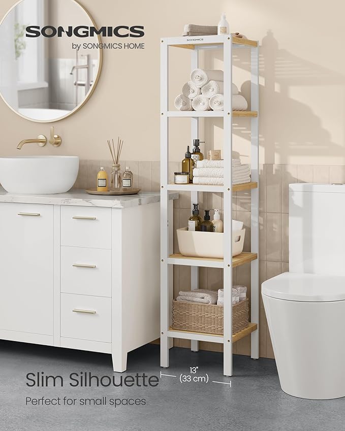 SONGMICS Bamboo Storage Shelf, 5-Tier Shelving Unit, Multifunctional, in The Entryway, Bathroom, Living Room, Balcony, Kitchen, 13 x 13 x 57.5 Inches, Cloud White and Light Bamboo UBCB055N01