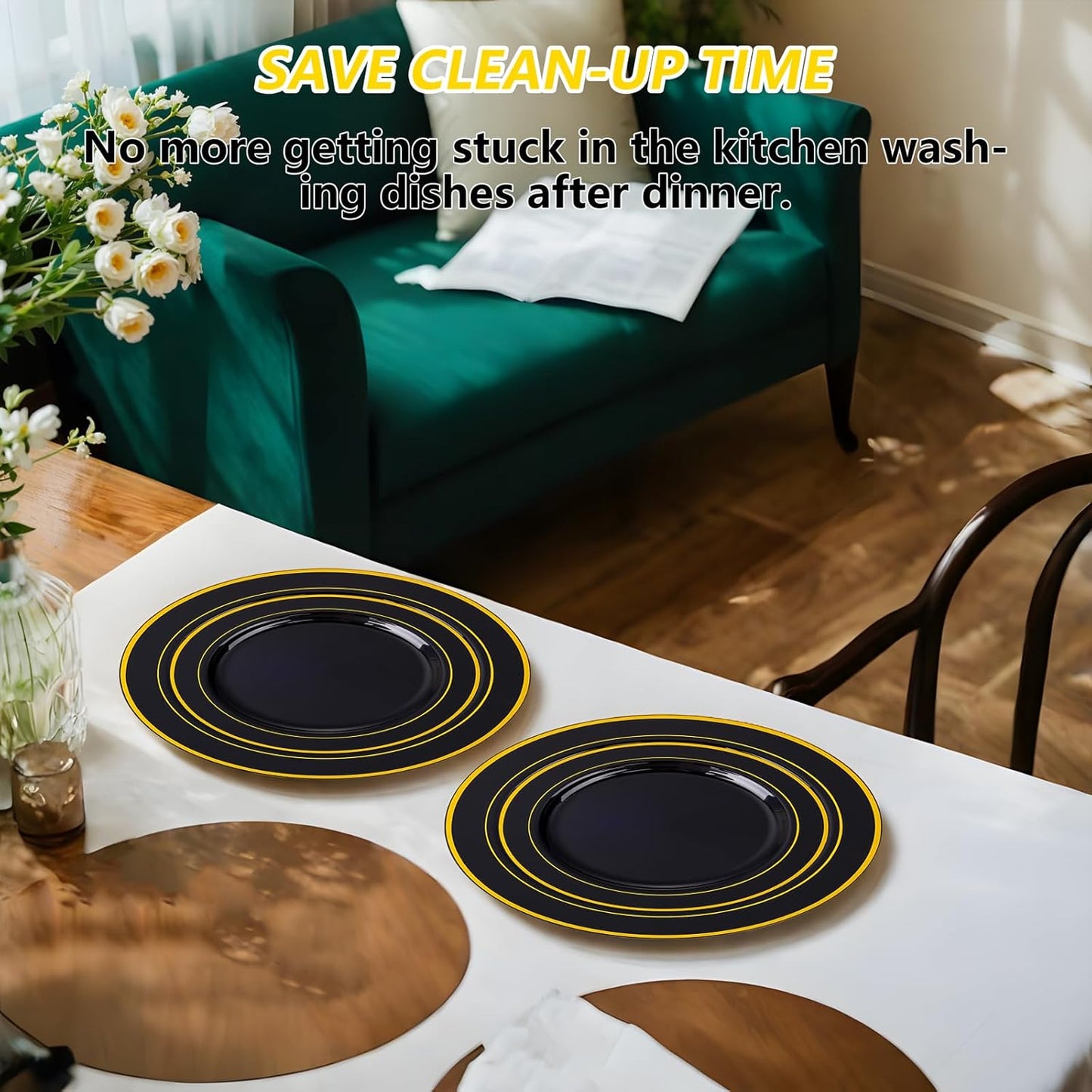 GATHER 700PCS Black Plastic Plates - Gold Disposable Plastic Dinnerware Set Include 200 6.3inch/9inch Black Plates, 300 Silverware, 100 Napkins, 100 Cups for Party & Wedding & Halloween