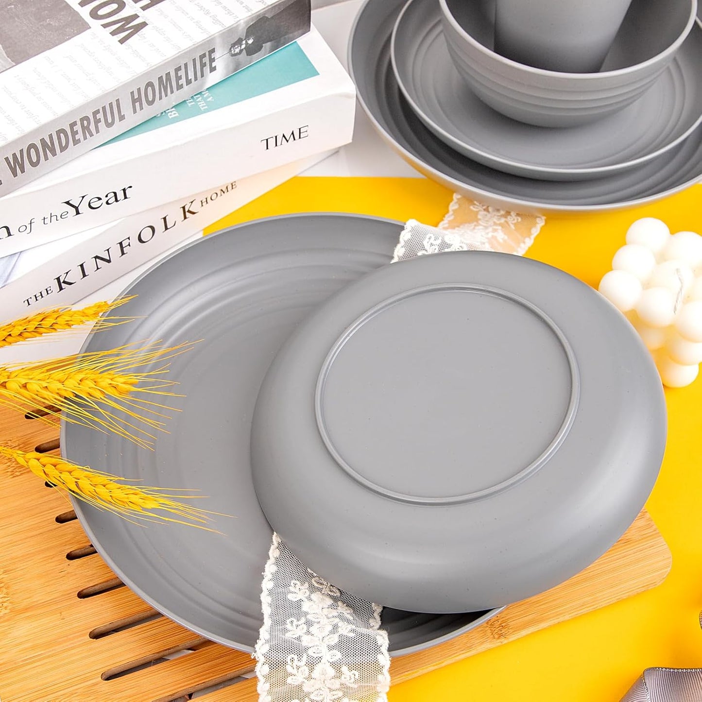 LIYH 48 Pcs Grey Plastic Wheat Straw Dinnerware Set - Plates and Bowls Sets, Camping Dish Set for 12, Unbreakable Dishwasher Safe Wheat Straw Plates Bowls Reusable 12 Guests