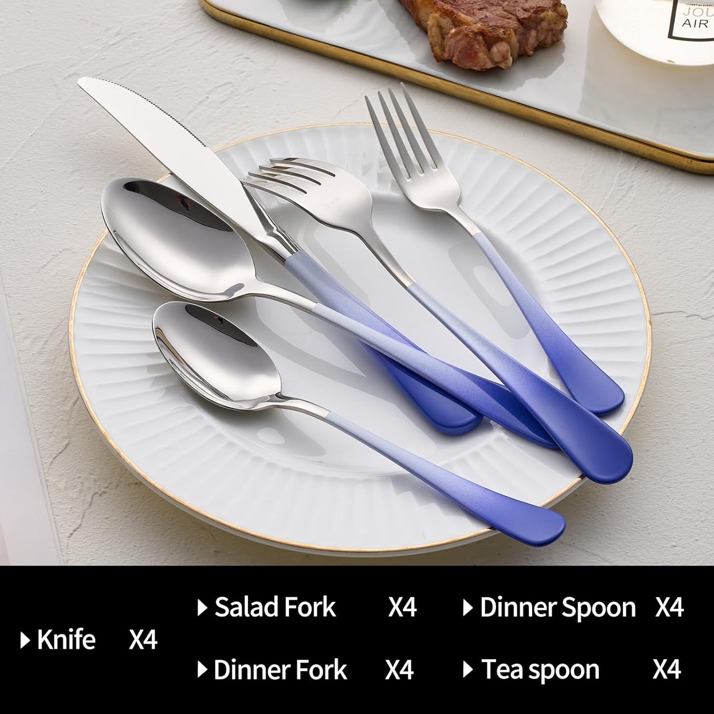 20-Pieces Color Silverware Sets for 4,Blue and white Handle Stainless Steel Cutlery Set, Include Forks Spoons and Knives Set, Dishwasher Safe Utensil Sets for Home Restaurant