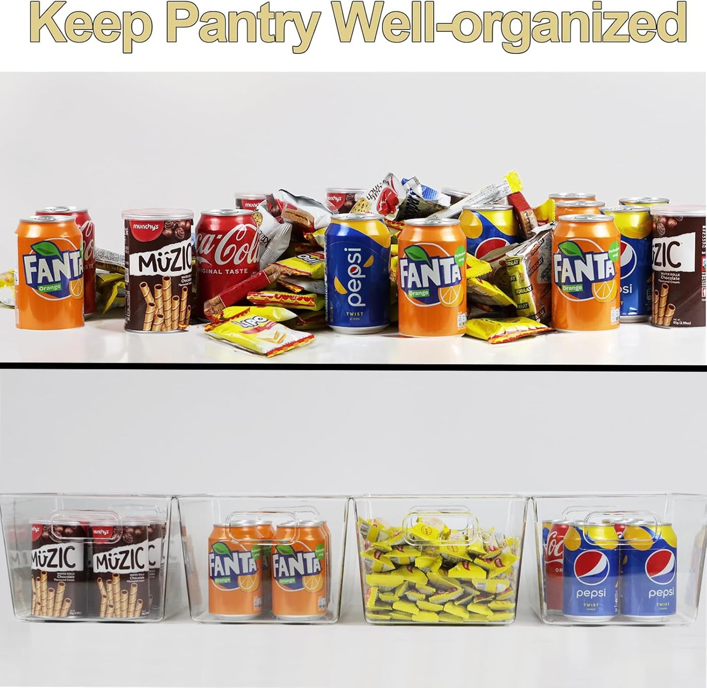 4pcs Clear Storage Bins Clear Storage Containers for Kitchen Pantry Organization, Organizing Bins with Built in Handles, Cabinet Organizers