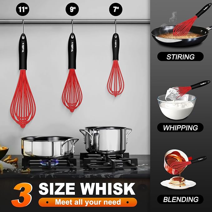 Walfos Whisk,Silicone Whisks- Heat Resistant（480°F） Silicone Whisks for Cooking Non Scratch,BPA free and Dishwasher Safe.Perfect for Blending,Whisking,Beating, Set of 3(Red)