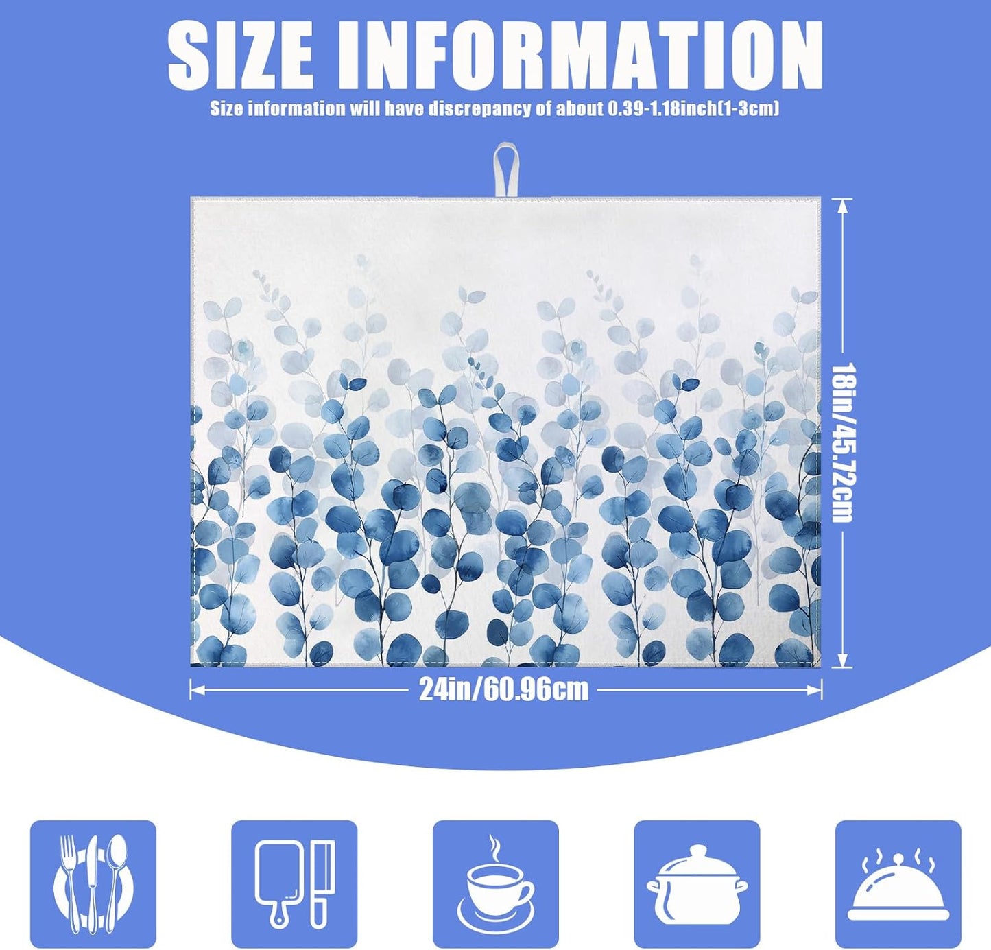 Blue Eucalyptus Leaves Dish Drying Mat for Kitchen Counter Drying Pad Absorbent Reversible Dish Drainer Rack Mats Draining Pad 18"x24"Inch