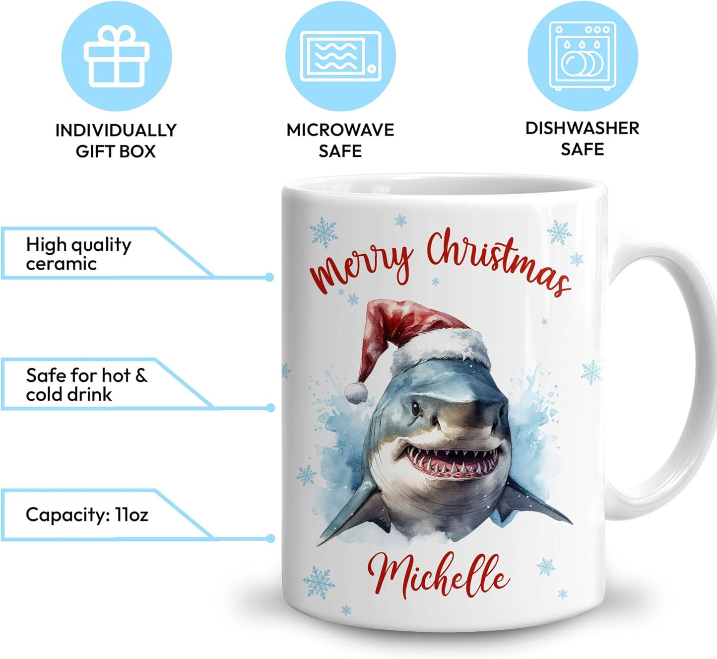 Hyturtle Personalized Gifts Shark Lover - Merry Christmas Customized Name Ceramic Coffee Mug Cup 11oz - Cute Sea Animal Lovers Gifts For Women, Girl kids Family On Birthday, Christmas