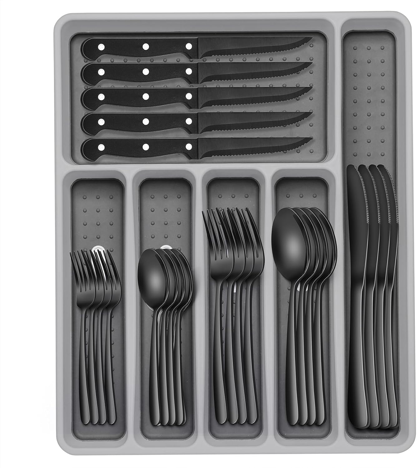 49-Piece Black Silverware Set with Organizer, Heavy Duty Stainless Steel Black Flatware for 8, Cutlery Utensil Sets with Steak Knives, Rust-proof, Mirror Polished, Dishwasher Safe
