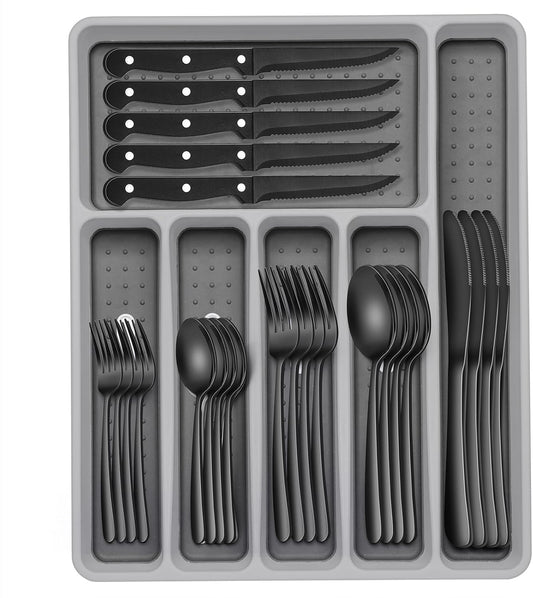 49-Piece Black Silverware Set with Organizer, Heavy Duty Stainless Steel Black Flatware for 8, Cutlery Utensil Sets with Steak Knives, Rust-proof, Mirror Polished, Dishwasher Safe