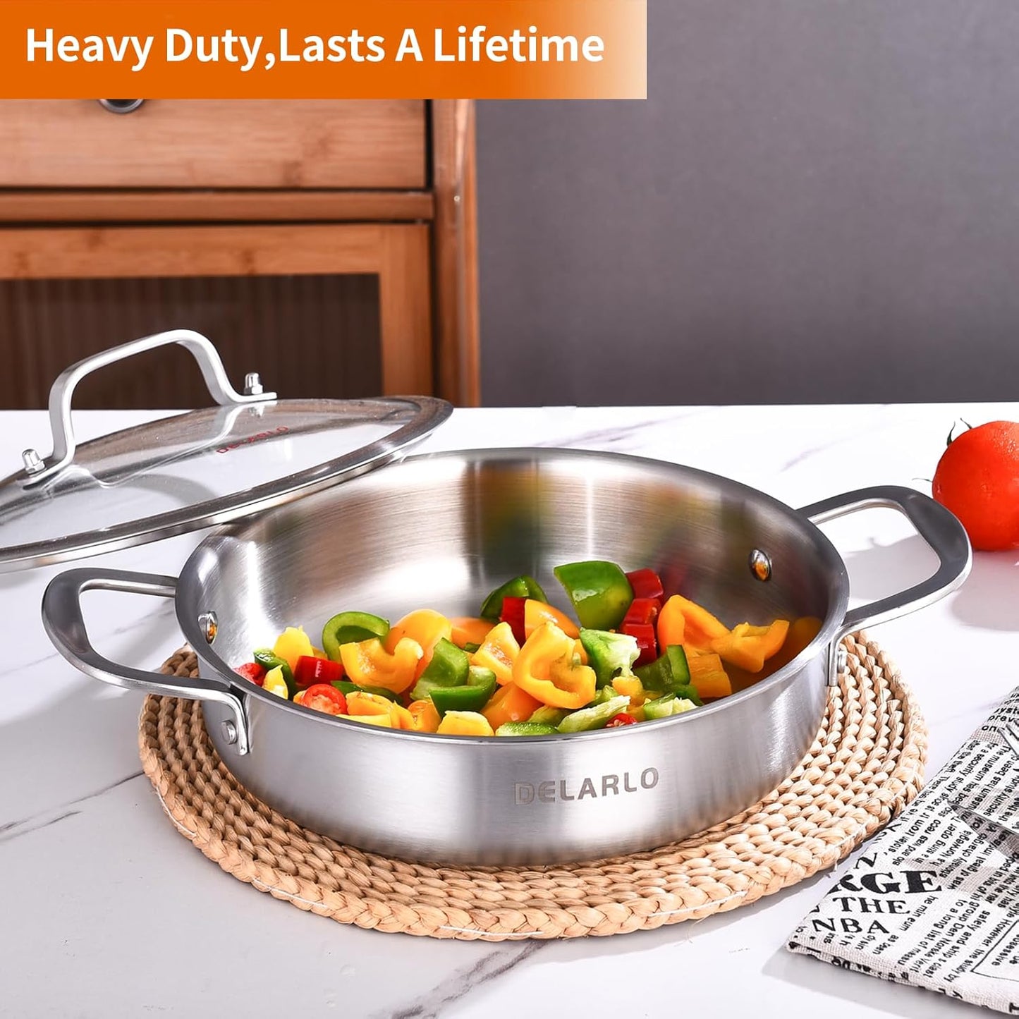 DELARLO Tri-Ply Stainless Steel 10 Inch Frying Pan 3QT Saute Pan With Lid Kitchen Skillets Induction Compatible Chef Cooking Pan Dishwasher & Oven Safe