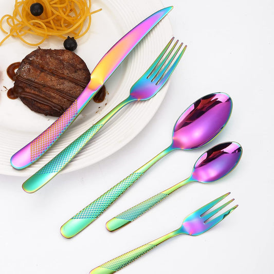 Hammered Silverware Rainbow Stainless Steel Flatware Set for 4 include Forks Spoons and Knives Modern Eating Utensils for Kitchen Restaurant Parties Everyday Uses
