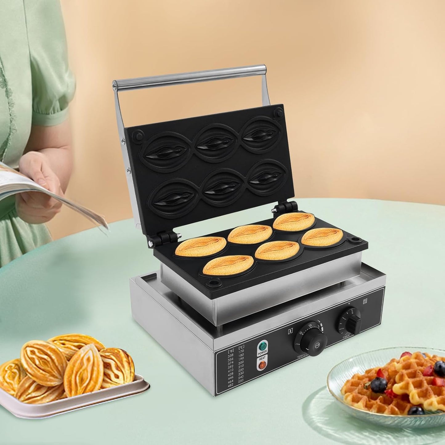 6PCS Electric Abalone Waffle Pancake Maker, Non-stick Pancake Baker Machin with Dual Heating Pans, 110v Waffle Pancake Maker for Commercial, 1550W (6PCS Abalone)