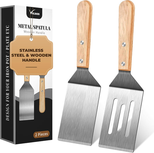 Stainless Steel Spatula Set, 2 Pieces Metal Spatula for Cast Iron Skillet, Metal Spatulas for Kitchen Use with Wooden Handle, Ideal for Frying Steak, Pancake, Cookie, Burger, Brownie or Desserts