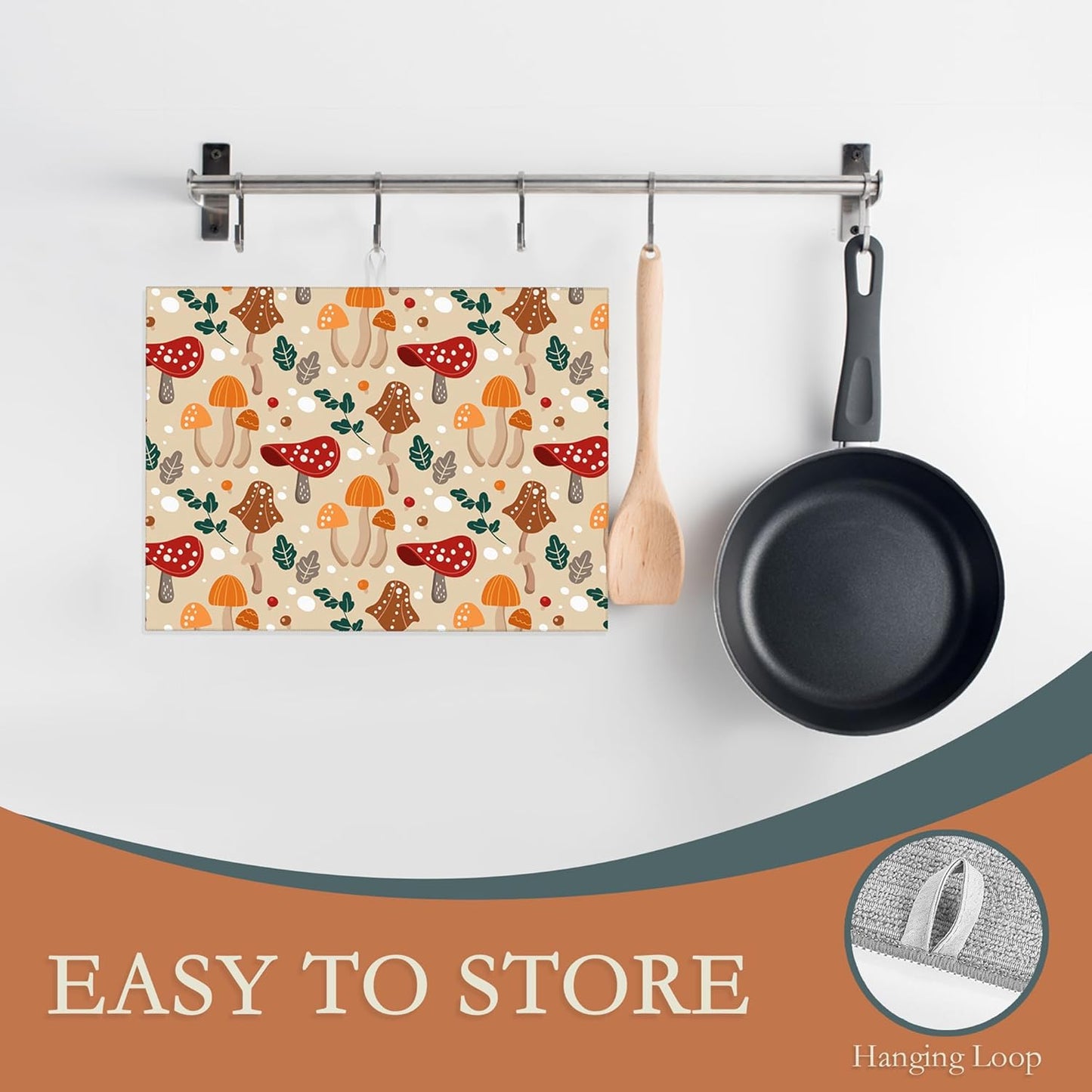 Funny Mushrooms Dish Drying Rack Mats Decor,Green Leaves Dish Pad Drying Mat Kitchen Counter 18x24 Inch Absorbent Reversible Microfiber for Coffee Bar Sink Countertop