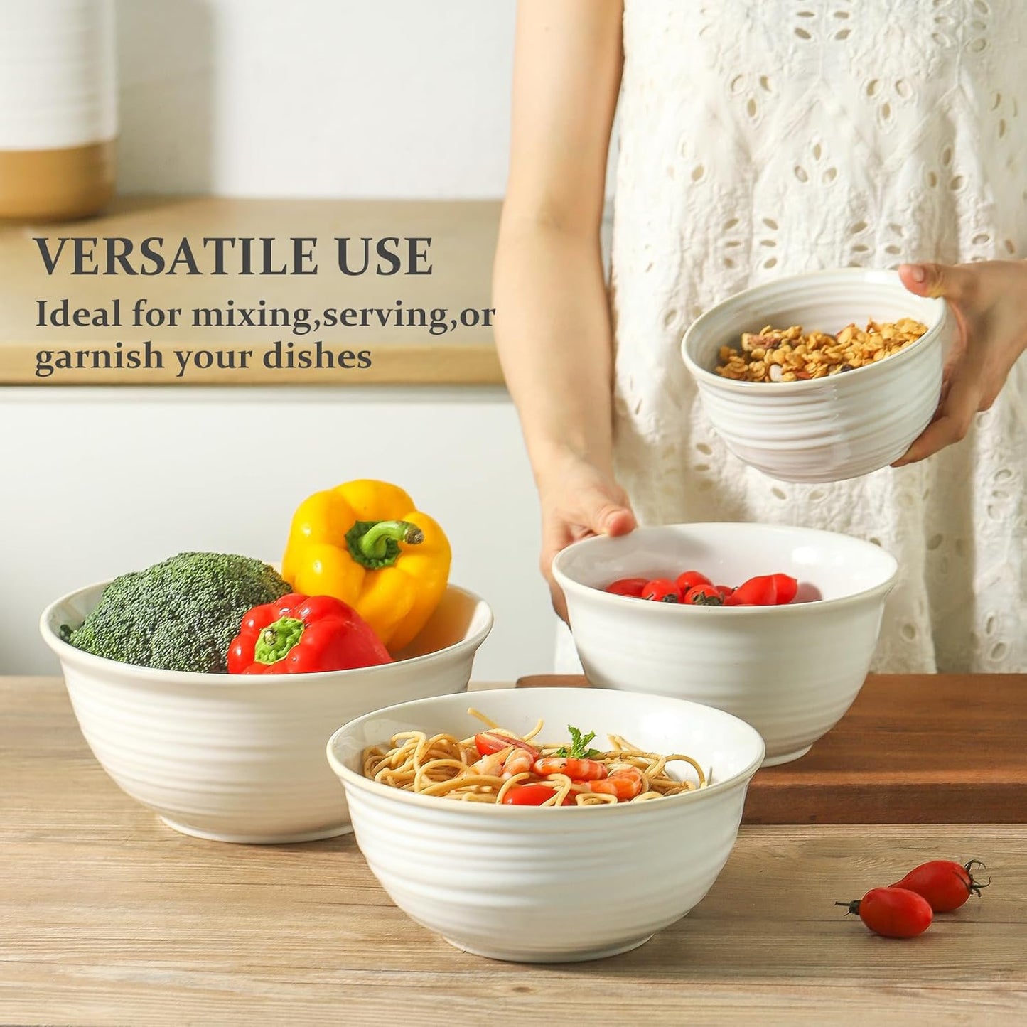 Hasense Ceramic Mixing Bowls, 2.1/1.5/1.0/0.5 Qt, Nesting Bowls for Cooking, Baking, Serving Dishes for Salad, Fruits, Popcorn, Dishwasher & Microwave Safe, Set of 4, Clay-Infused White