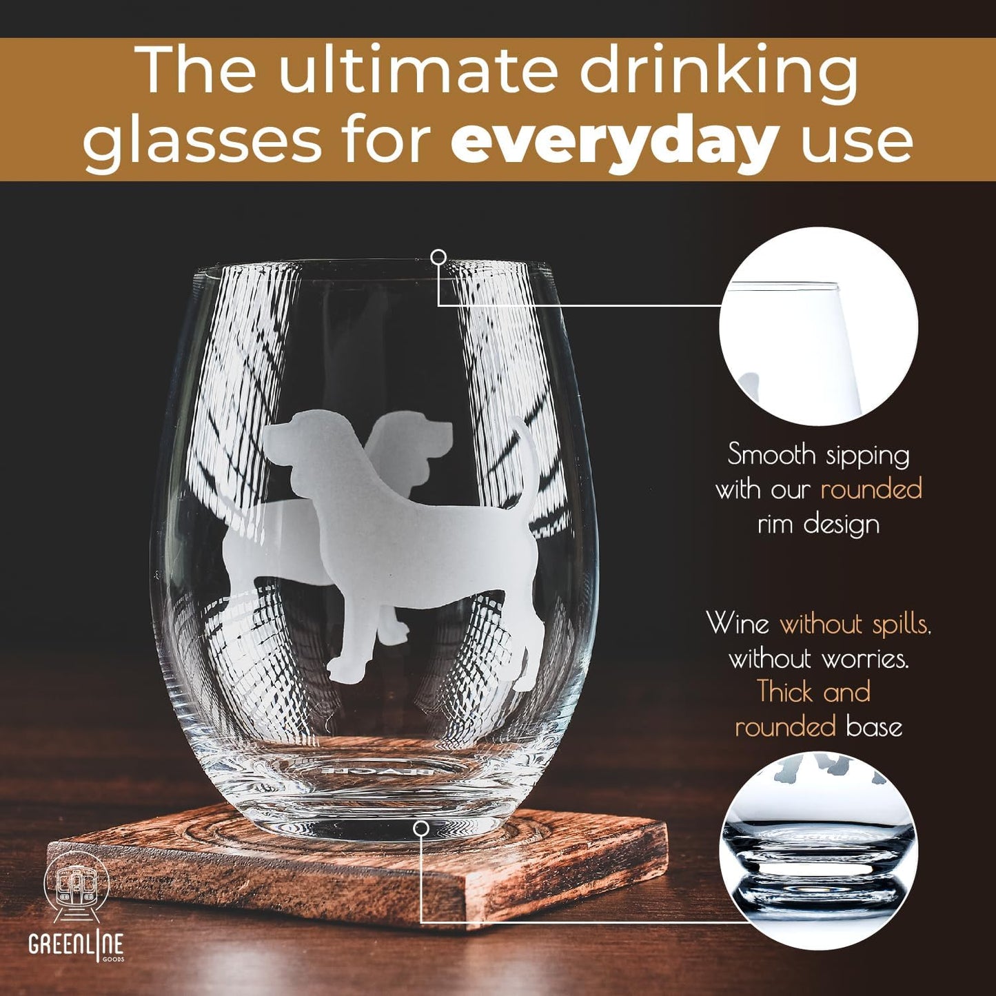 Beagle Stemless Wine Glasses (Set of 2) | Unique for Dog Lovers | Hand Etched with Breed Name on Bottom