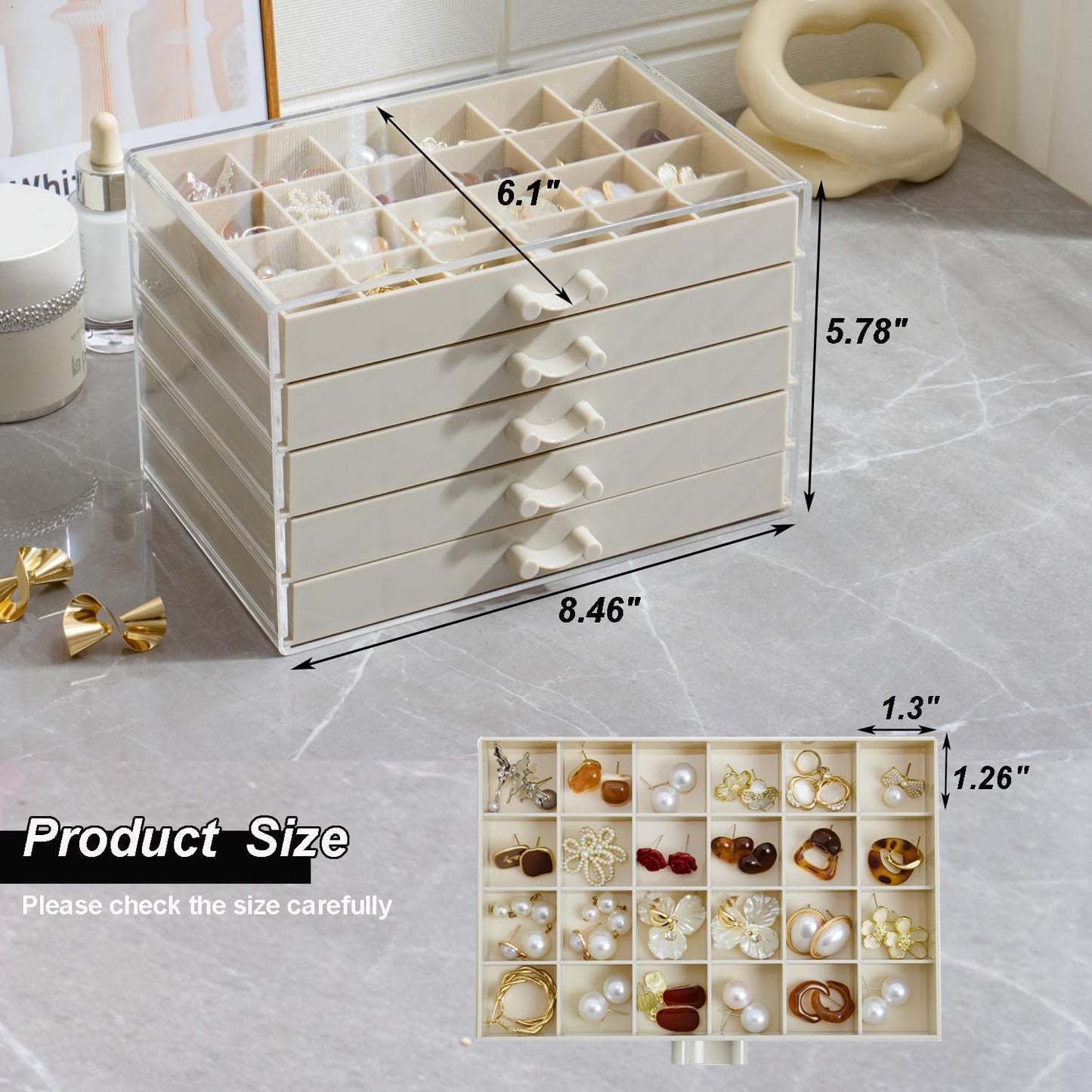 Earring Storage Box Organizer, Acrylic Jewelry Storage Box Holder 5 Drawers Transparent Jewelry Display Stand with 120 Small Compartments Gift Boxes for Women Girls (Beige)