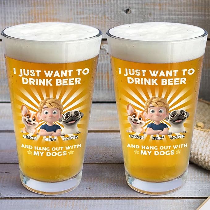 Wrappiness Dog Dad Personalized Beer Glass - I Just Want To Drink Beer and Hang out With My Dog, Cute Cup for Men Pet Lovers, Custom Chibi Art and Breeds, Fathers Day Birthday Gifts for Him