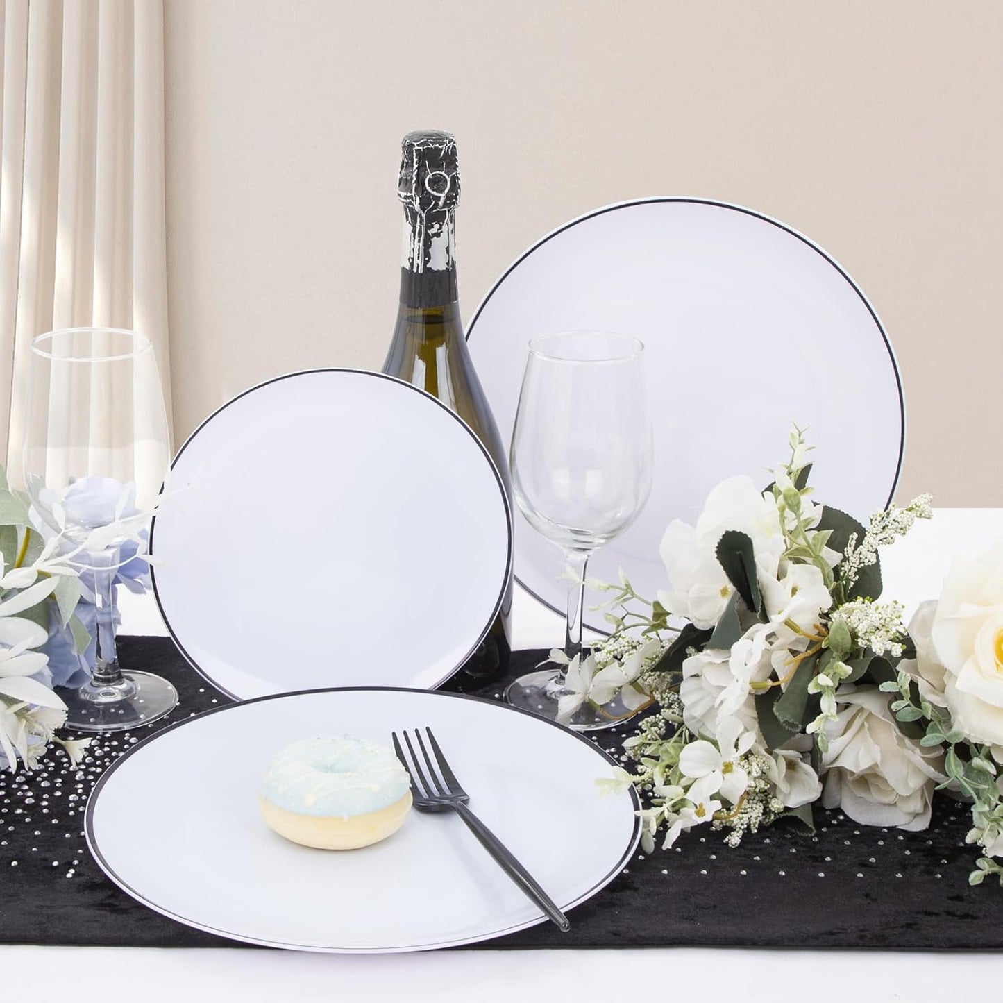 EI 180pcs White Plastic Dinnerware Set Include Black Disposable Silverware,Dinner and Dessert Plates,Cups,White Plastic Plates with Black Rim Perfect for Wedding,Birthday,Halloween,Partys,Service 30.