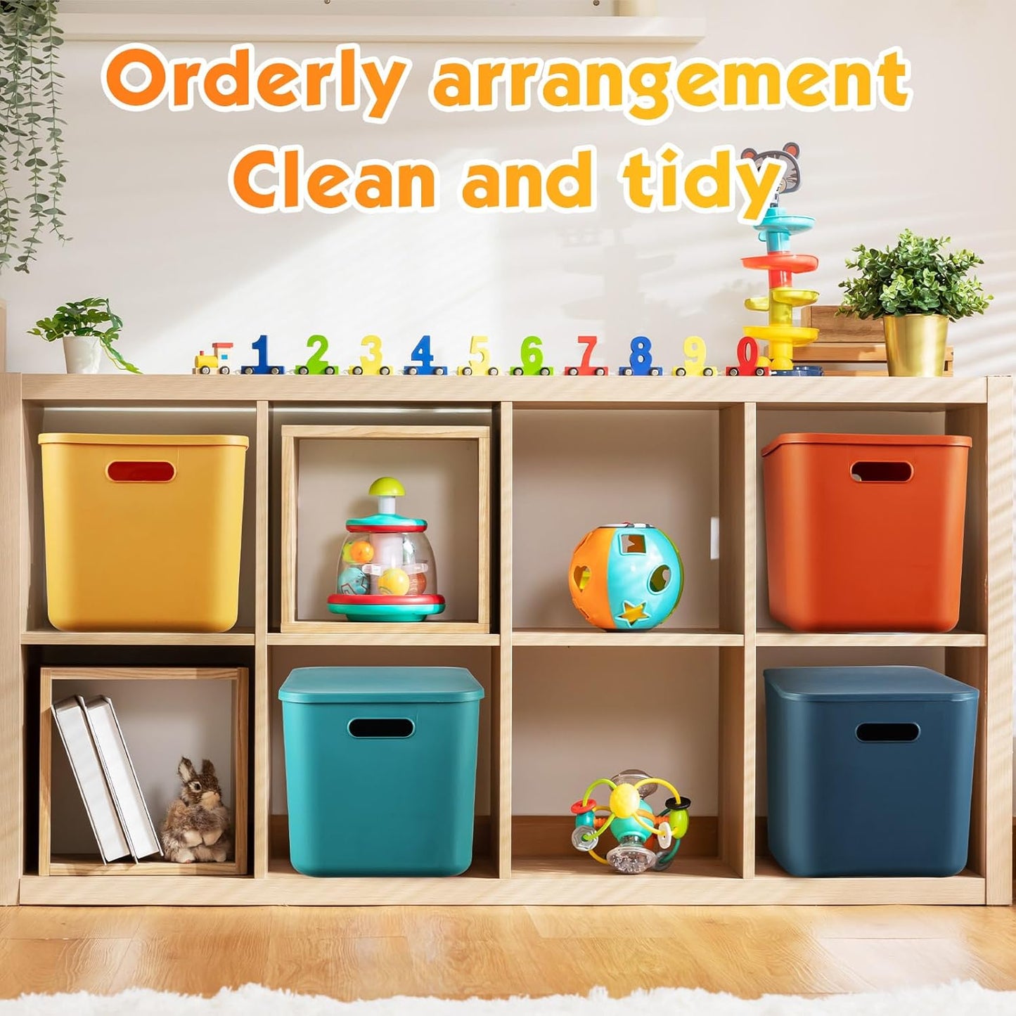 Hoolerry 8 Pieces Colorful Storage Bins with Lid, Plastic Storage Basket Organizing Container Stackable Box with Handle for Shelves Desktop Playroom Office(14.2 x 10.2 x 9.5 Inch,Multi-colored)