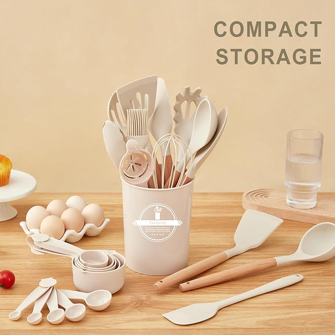 Kitchen Utensils Set - 34 PCS Non-Stick Silicone Cooking Utensils Set with Wooden Handle,Kitchen Gadgets Tools Set for Nonstick Cookware (Cream White-34P)
