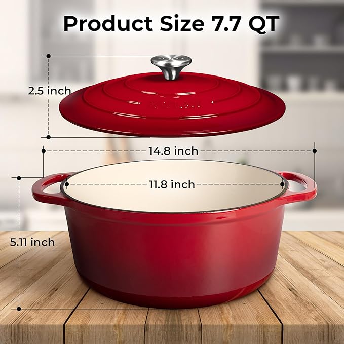 Zulay Kitchen 7.7 Quart Enameled Cast Iron Dutch Oven Pot with Lid – Premium Durability & Oven Safe up to 500°F – Heavy Duty Cookware Perfect for Bread Baking, Stews, Braising & Roasting – Red