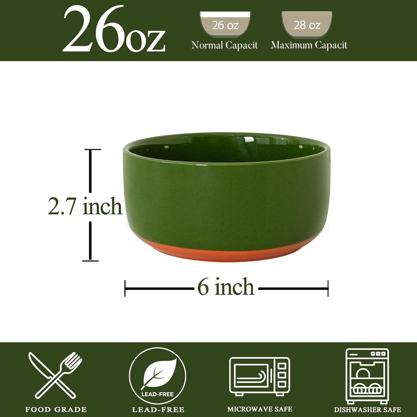 Stoneware Cereal Bowls Set of 4, 6 Inch Deep Bowl for Oatmeal, Soup, Ceramic Bowls Sets, Microwave Safe, Dishwasher Safe, Versatile for All Seasons, Forest Glaze Green