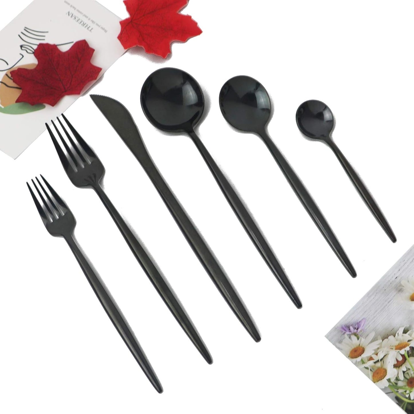 JASHII 24 Pieces Cutlery Flatware Set 304 Stainless Steel Home Kitchen Set, Mirror Polished, Knife/Fork/Spoon, Modern Elegant Tableware Set for Party, Christmas, Dinner (Black)