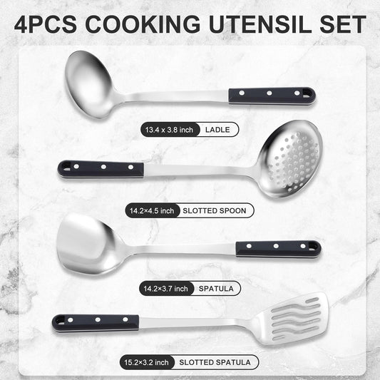 Pleafind 4-Pcs Cooking Utensils Set, Stainless Steel Kitchen Utensils, Mirror Polished Kitchen Essentials Set Include Wok Ladle, Slotted Spoon, Wok Spatula ＆Slotted Spatula, Dishwasher Safe