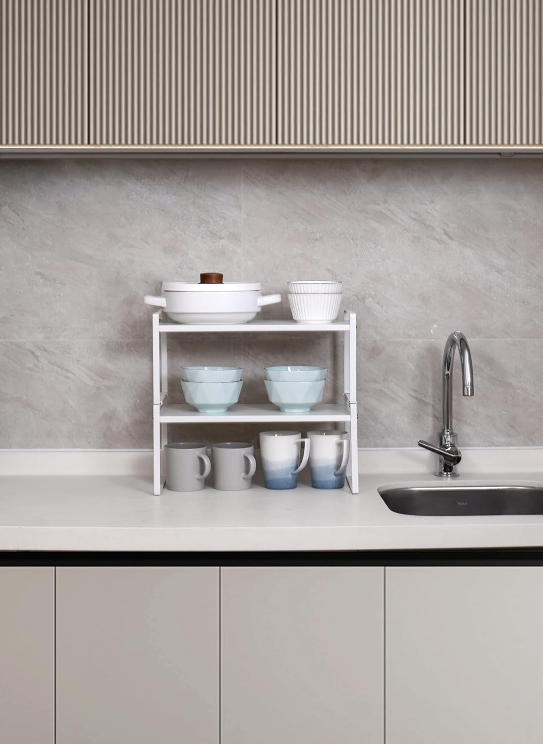 Nxconsu 2Pack Cabinet Shelves Stackable Shelf Organizer Rack Riser for Kitchen Cabinet Pantry Cupboard Counter Countertop Home Organization Storage Space Saver Heavy Duty Metal Nonslip White Wide