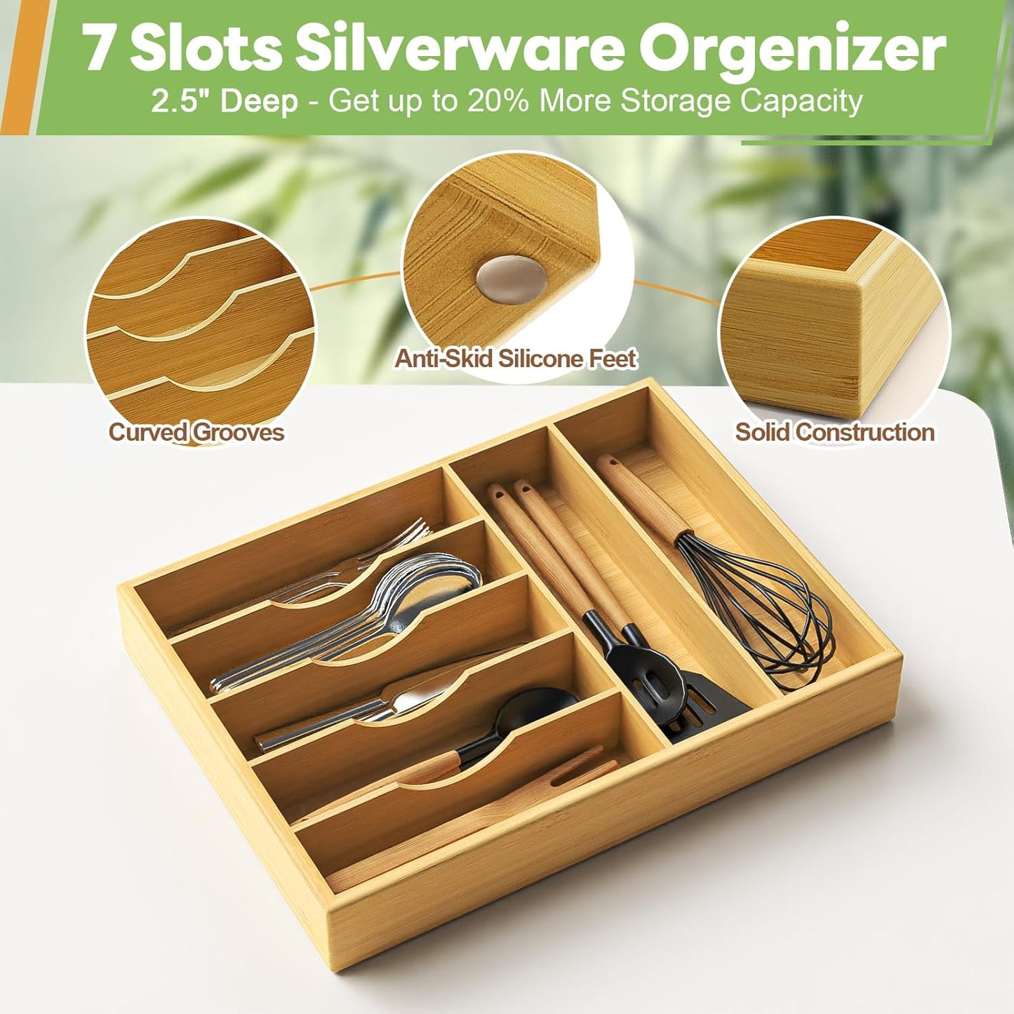 Bamboo Kitchen Silverware Drawer Organizer - 13 Inch Utensil Tray with 7 Slots and Deep Grooved Dividers for Flatware Cutlery Knives, Forks, Spoons - Kitchen Utensil Holder