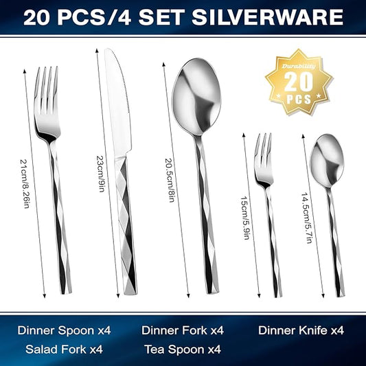 20-Piece Silverware Set, Premium Flatware Set for 4, 18/10 Stainless Steel Cutlery with Diamond Cut Pattern for Dinner, Kitchen, Home, Wedding, Party, Dishwasher Safe