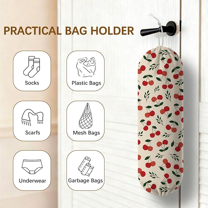 Plastic Bag Holder Cherry Bag Holder Dispenser, Plastic Grocery Bag Organizer & Wall Mount Paper Trash Bags Saver Storage for Kitchen Home Pantry Decor, Shopping Bags Storage Dispenser