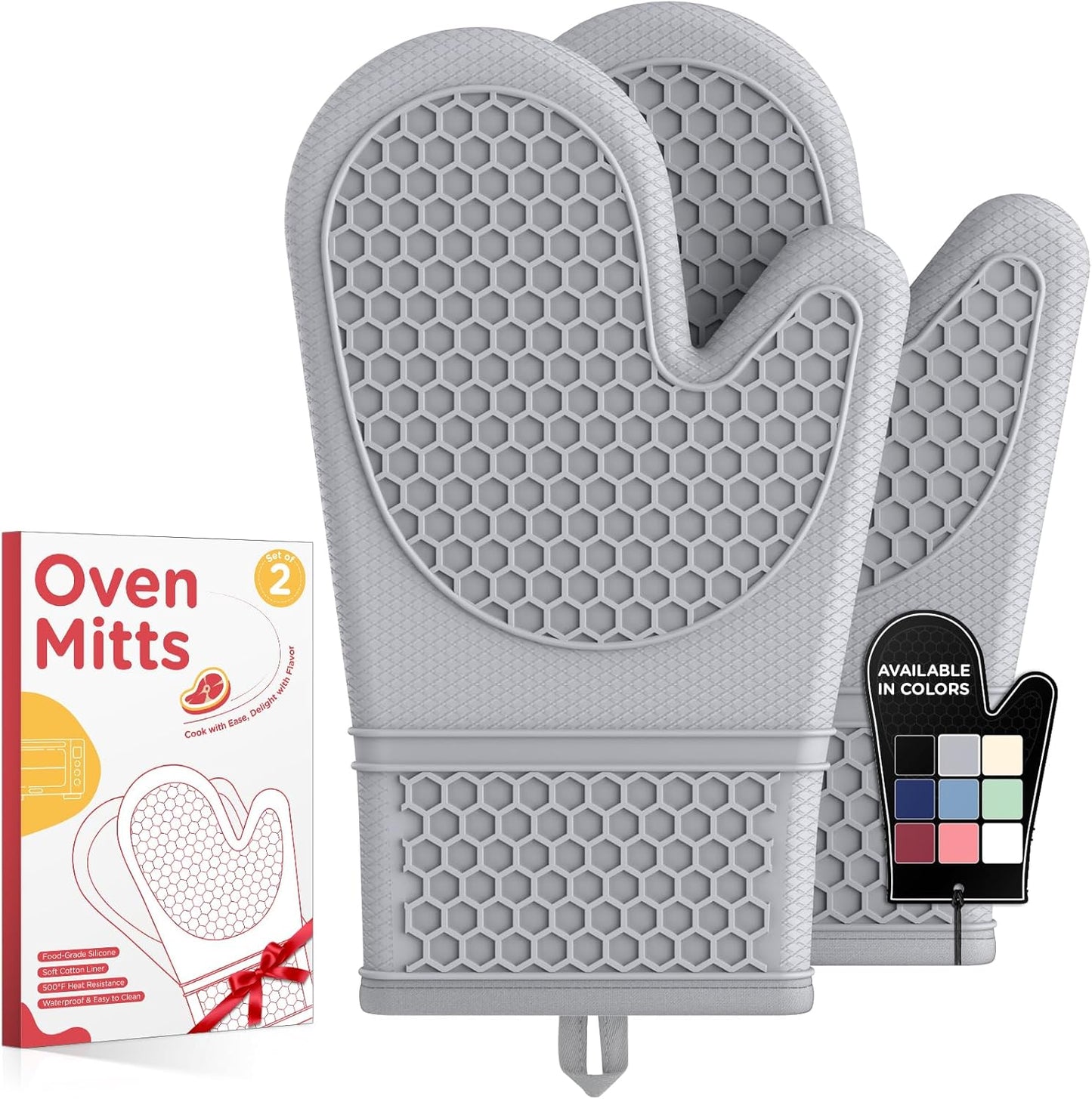 Kitsure Silicone Oven Mitts, Set of 2, Heat Resistant, Oven Gloves with Soft Lining, Non-Slip Kitchen Essentials, Kitchen Gadgets, Apartment Essentials, Great Gift for Cooking, Baking, Grey