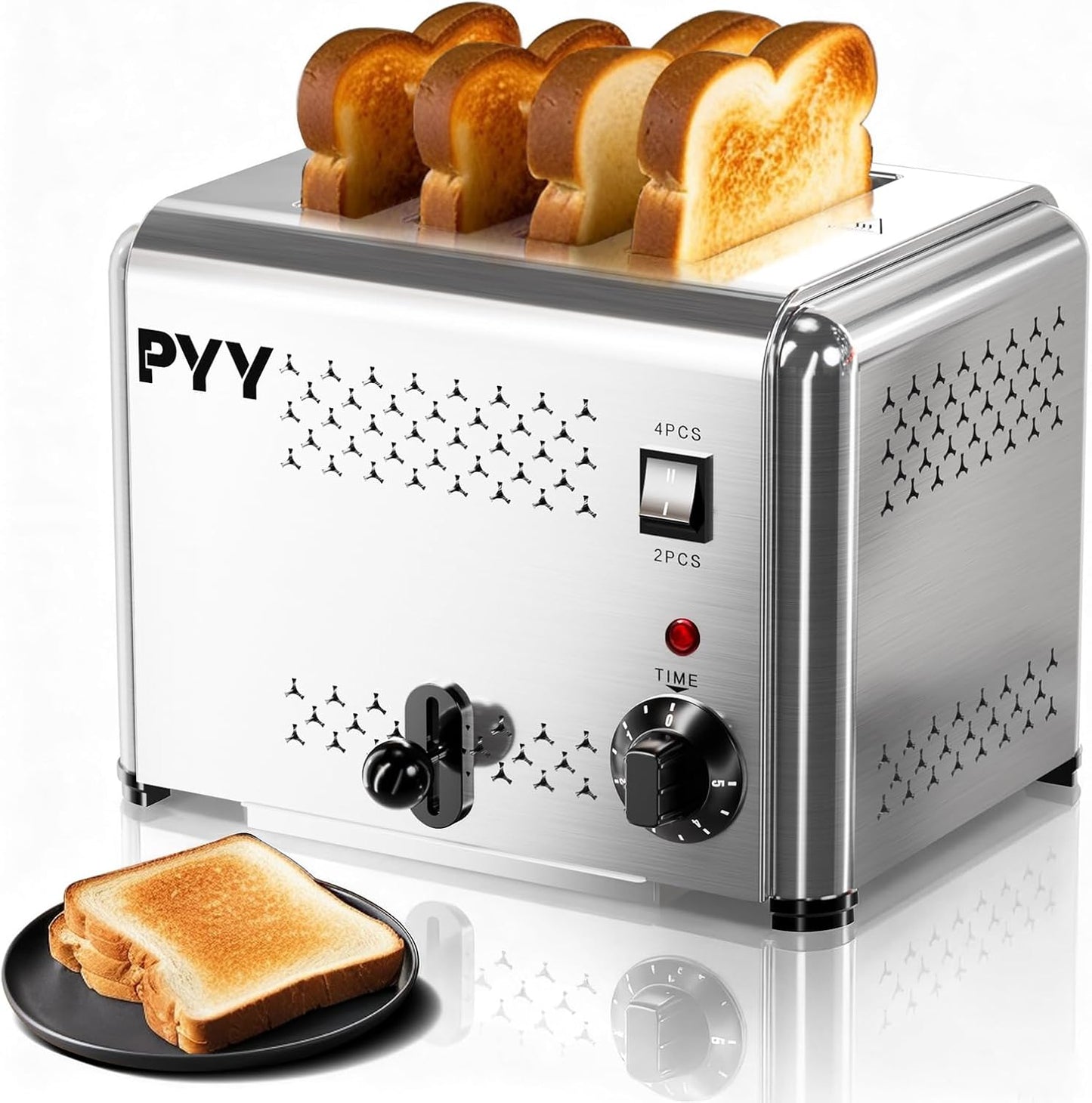 PYY Commercial Toaster 4 Slices - with 2/4 Slice Option, 120Pcs/H, 6-Level Setting Toaster with Removable Crumb Tray, 1.1 inch Wide Slot for Bagel, Bread, 1200W Stainless Steel for Restaurant, Home
