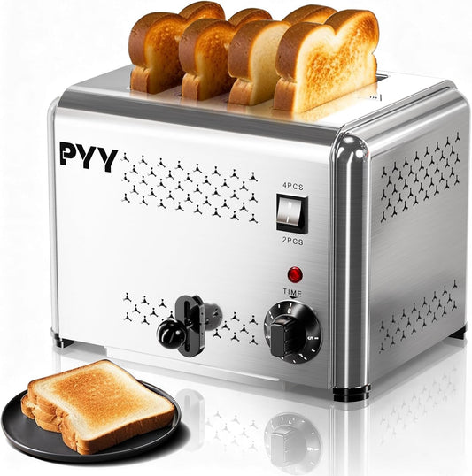 PYY Commercial Toaster 4 Slices - with 2/4 Slice Option, 120Pcs/H, 6-Level Setting Toaster with Removable Crumb Tray, 1.1 inch Wide Slot for Bagel, Bread, 1200W Stainless Steel for Restaurant, Home