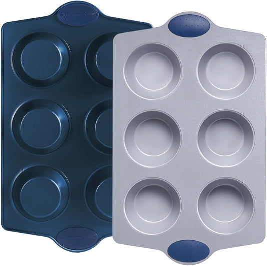 BRONYPRO 2-Pack Jumbo Ceramic Muffin Pans, 6-Cup Nonstick Aluminized Steel Cupcake Pans, Healthy Non-Toxic Ceramic Coating Muffin tin, Oven Safe to 500°F, Blue