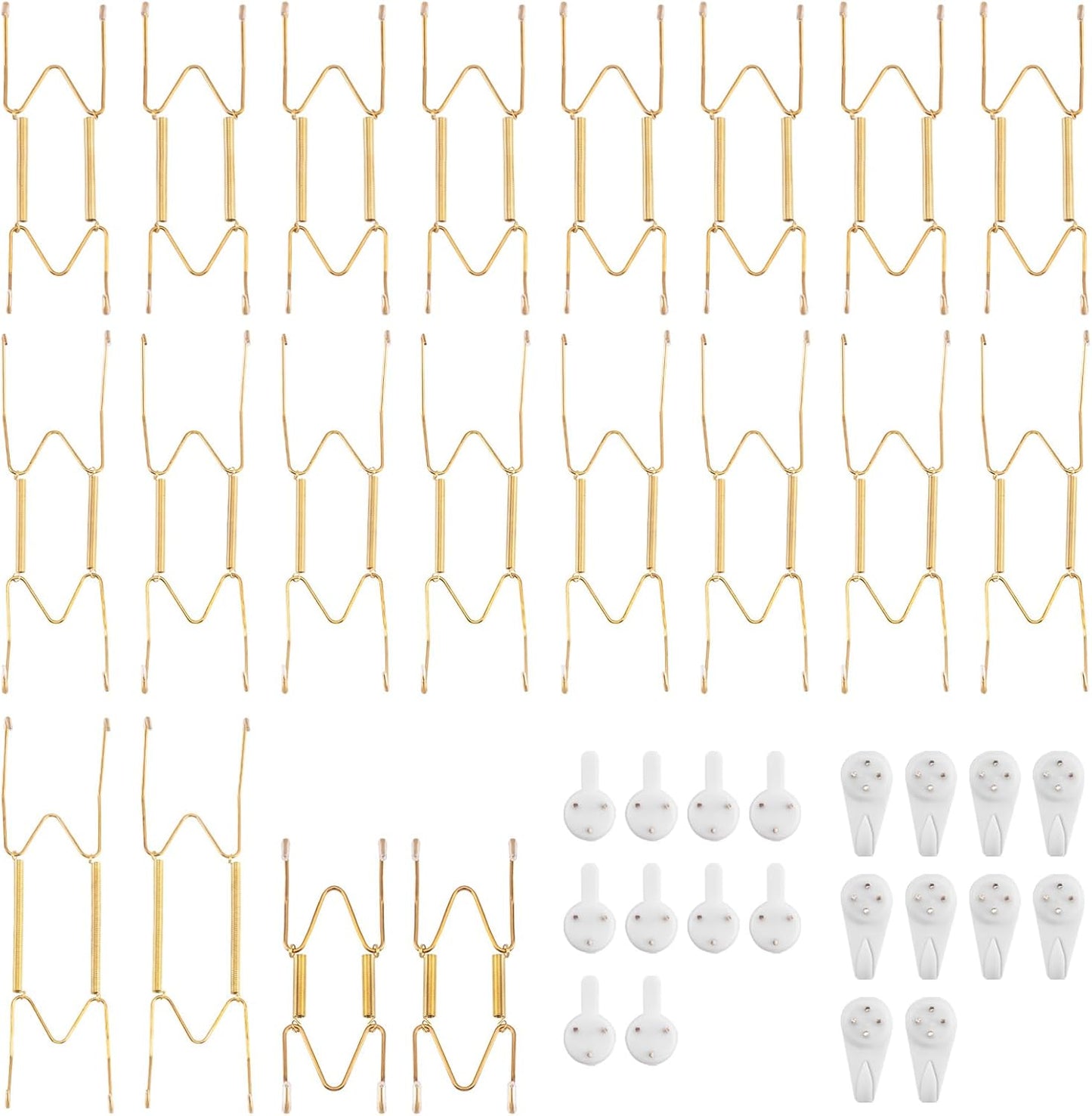 Bilillo 20 Pieces Stainless Steel Spring Plate Hangers for The Wall, 4/6/8/10 Inch Invisible Wire Holders with 20 Pcs Wall Hooks, Fit 4-11 Inch Decorative Plates, Platters & Dishes (Gold)