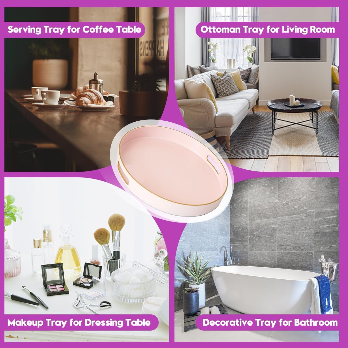 Gifturbo Matte Pink Decorative Serving Tray,Round Serving Trays with Handles, Coffee Table Tray Ottoman Round Plastic Trays for Living Room, Bathroom
