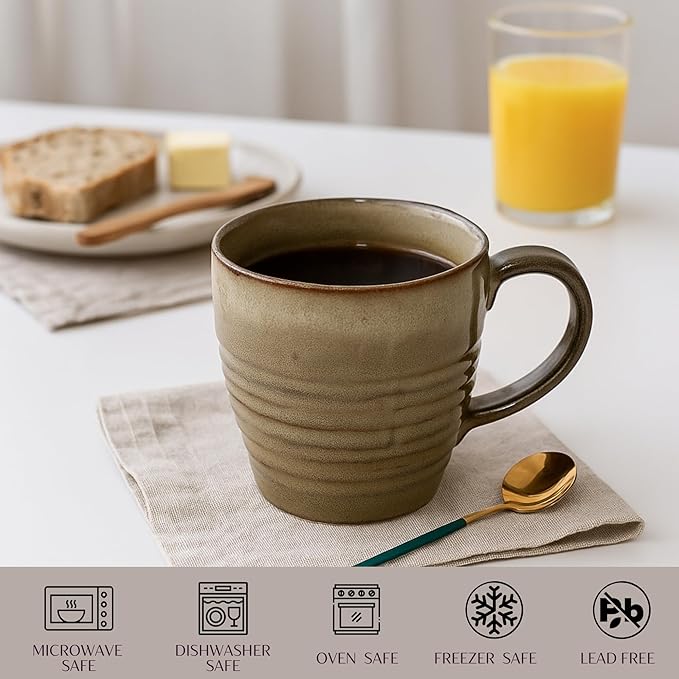 14 oz Coffee Mugs Set of 4, Ceramic Coffee Mugs with Handle – Reactive Glaze Stoneware Coffee Mug Set for Tea, Latte, Cappuccino, Cocoa, Hot Chocolate – Microwave & Dishwasher Safe - Green