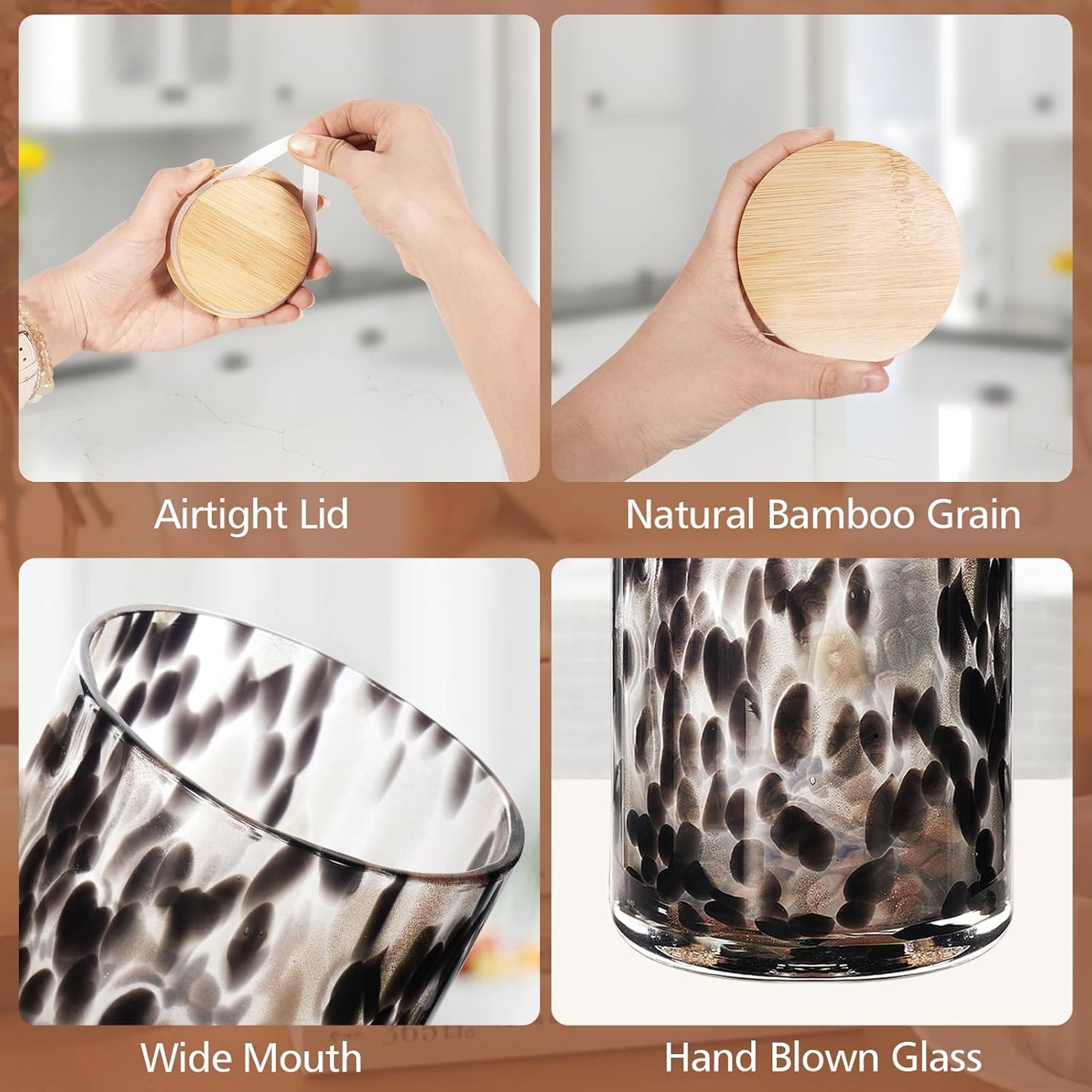 Hand Blown Glass Food Storage Containers with Lids 14oz Jar with Lid Coffee Container,Spice,Sugar,Tea,Flour,Nuts,Decorative Jars for Countertop(Black)