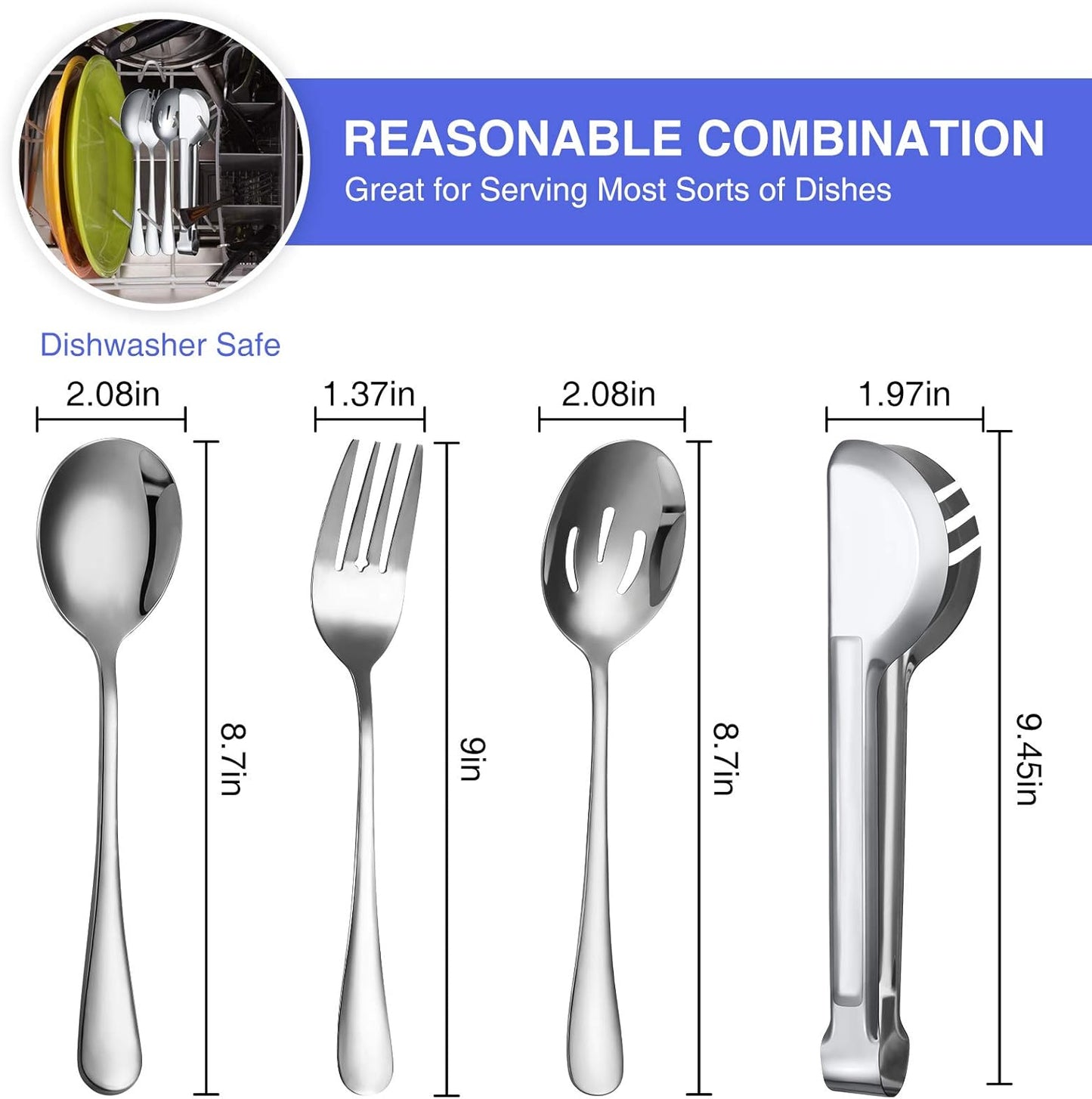 Patelai 4 Pieces Christmas Stainless Steel Silver Serving Utensils Set 8.7" Large Spoons and Slotted Spoon 9.45" Tong 9" Forks Flatware Wedding Party Buffet Banquet Cooking Kitchen Catering