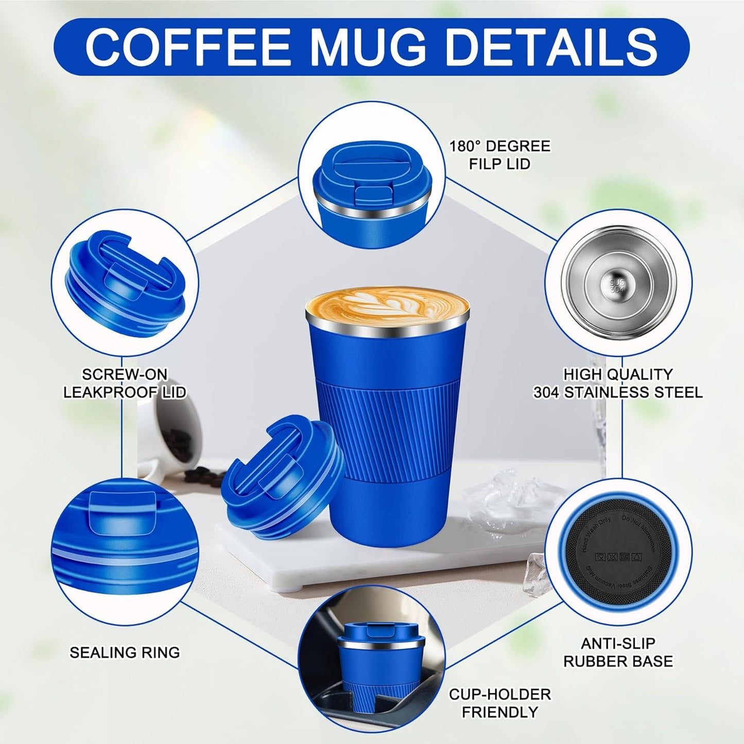 Coffee Travel Mug 12 oz & 17 oz Insulated Coffee Mug with Lid Portable Spill-Proof Coffee Travel Mug No Handle Reusable Stainless Steel Mug Keeps Cold and Hot Suitable for Car, Daily, Travel and Gifts